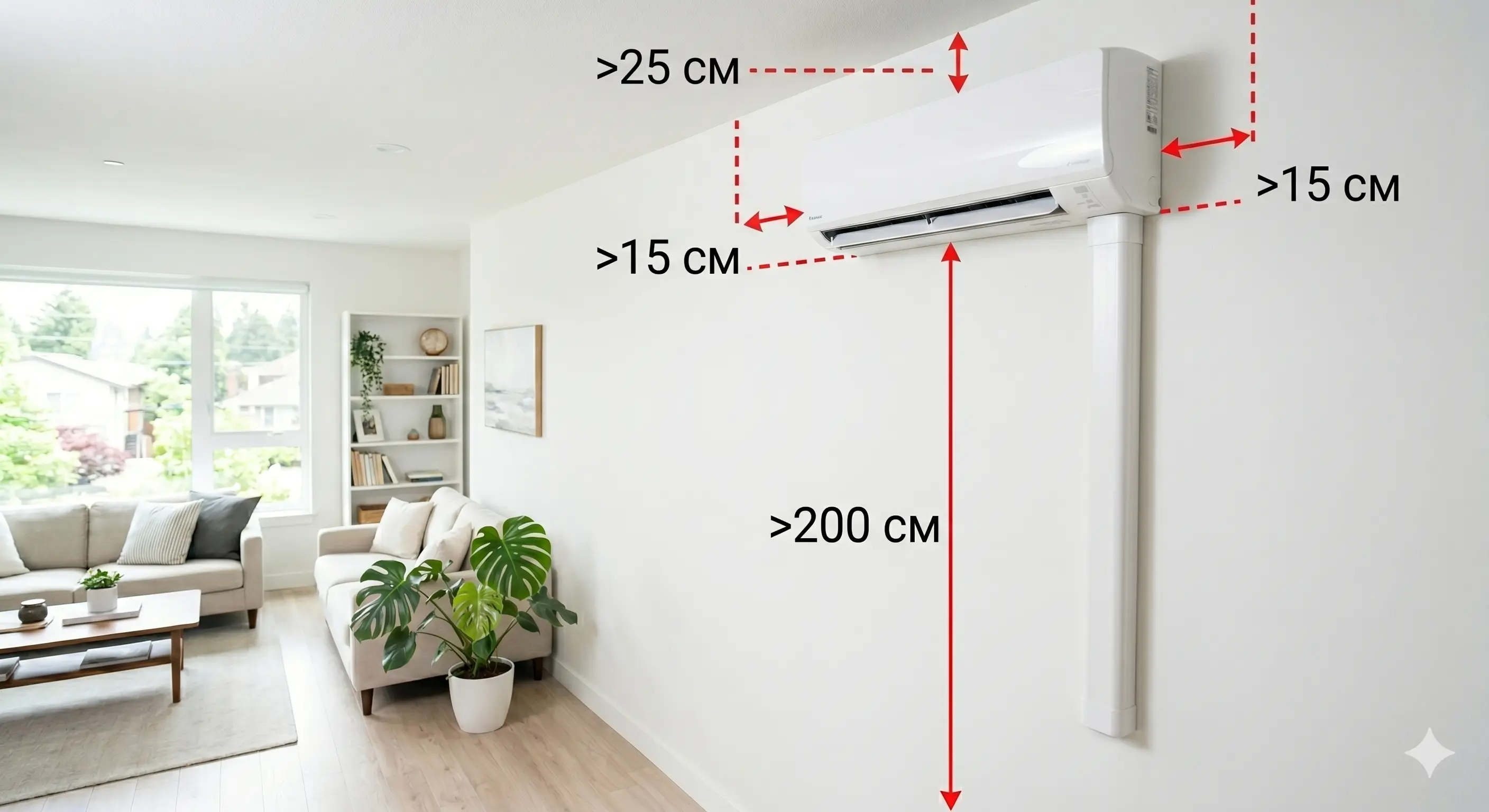Разметка места установки кондиционера — расстояния от потолка и стен