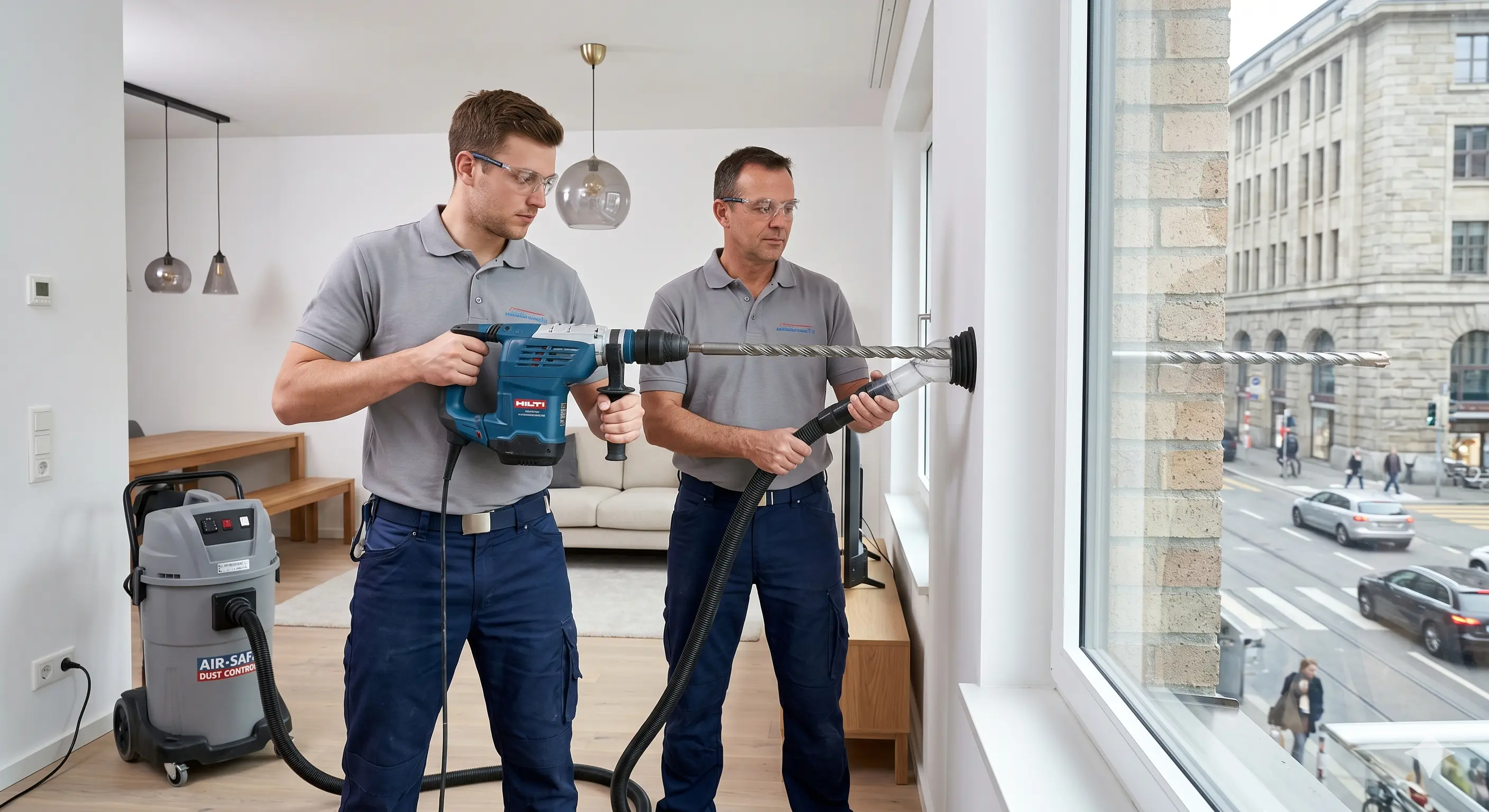 Сверление отверстия в стене под трассу кондиционера с пылесосом