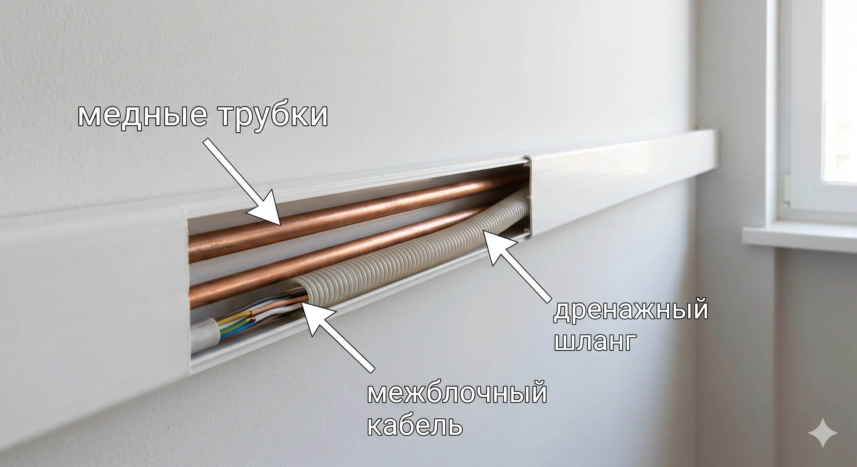 Состав трассы: медные трубки, дренажный шланг, межблочный кабель