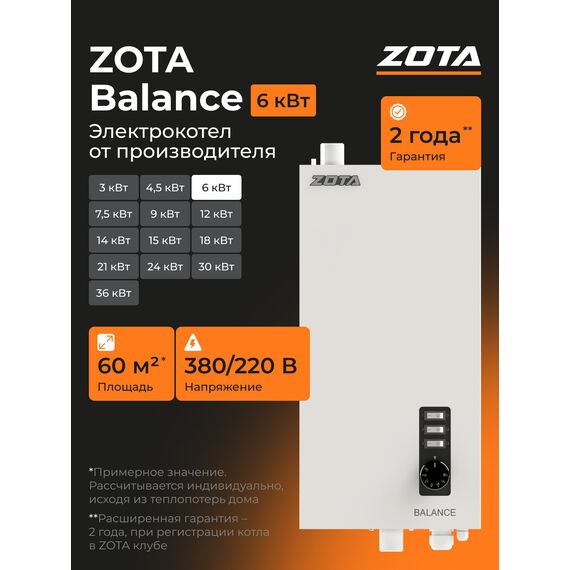Фото Котел электрический отопления ZOTA Balance V2 6 кВт (до 60 м2) Настенный, одноконтурный электрокотел отопления , изображение 3 — купить в Москве