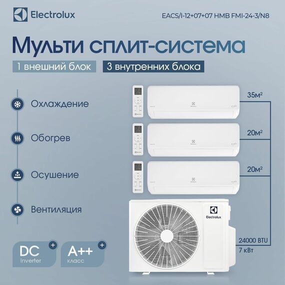 Фото Мульти сплит-система Electrolux EACS/I-12+07+07 НMB FMI-24-3/N8_ERP комплект , изображение 2 — купить в Москве